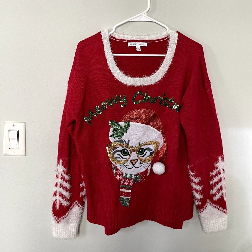 Celebrate Together‎ Meowy Christmas cat design red white knit sweater size L